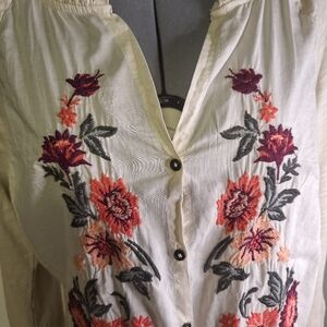 Sonoma Floral Embroidered Button-Up Blouse 100% Cotton Size Large